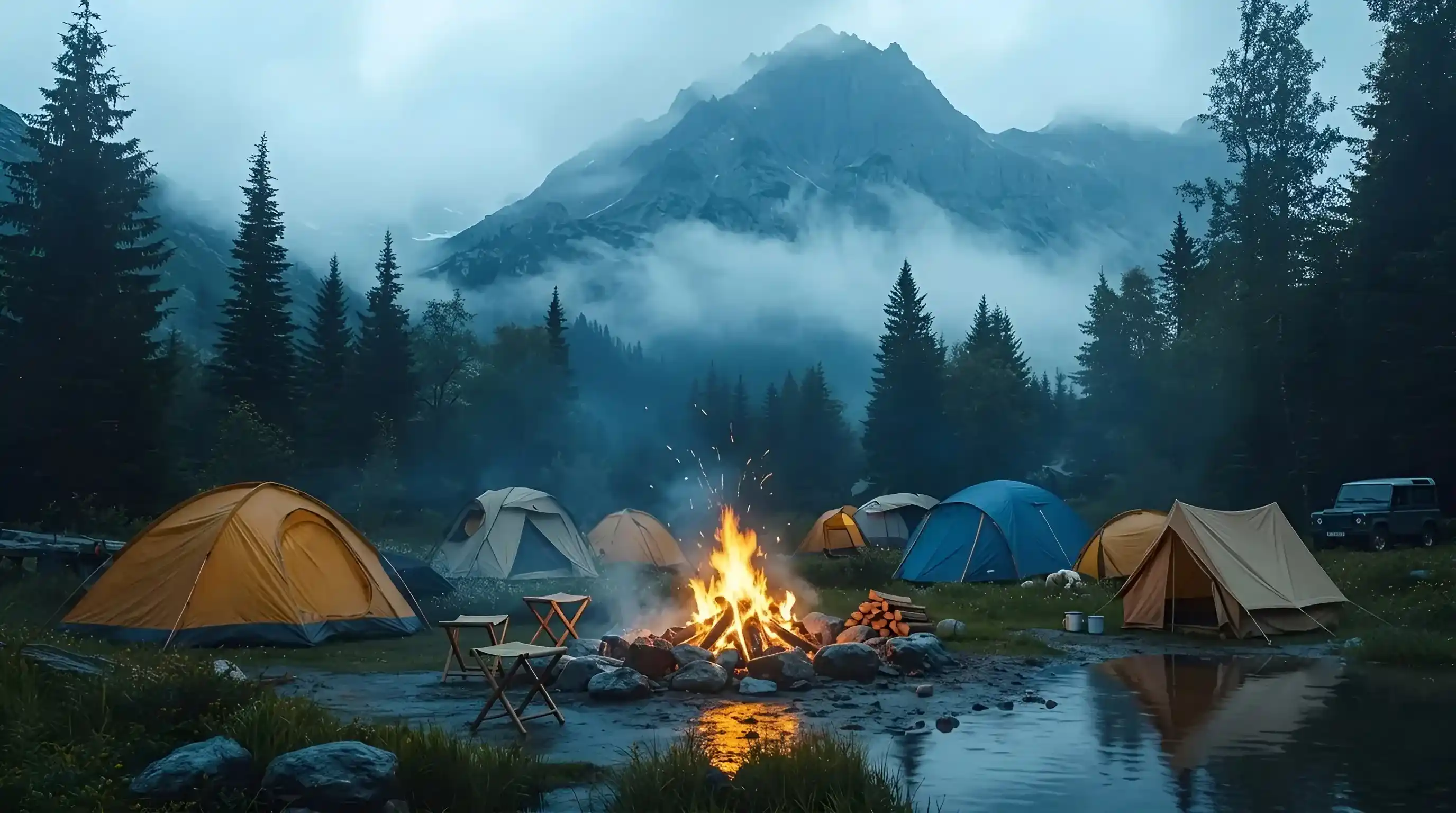 An elevated camp overlooking a mountain valley at sunrise